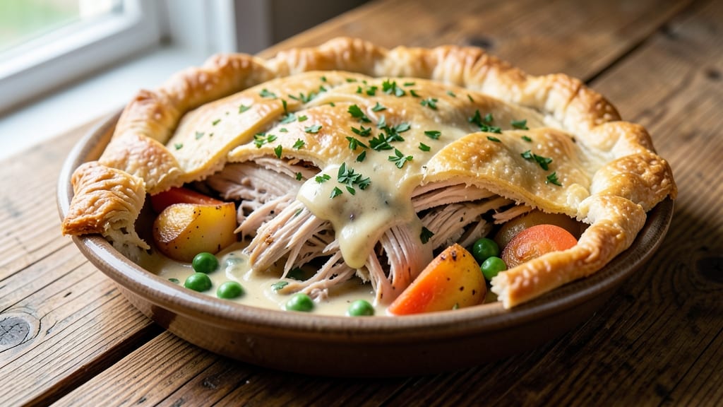 Single Crust Turkey Pot Pie Recipe: Turkey and Veggie Filling Under Golden, Foil-Sealed Crust