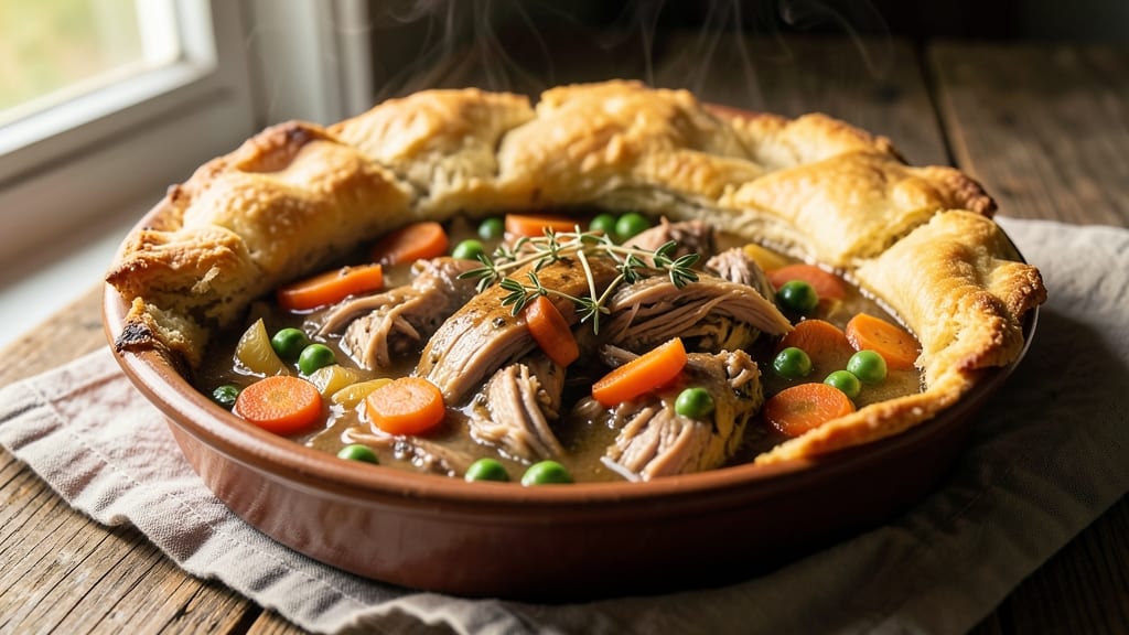 Turkey Pot Pie With Biscuit Crust Recipe: Flaky Layers Over Savory Gravy Bliss