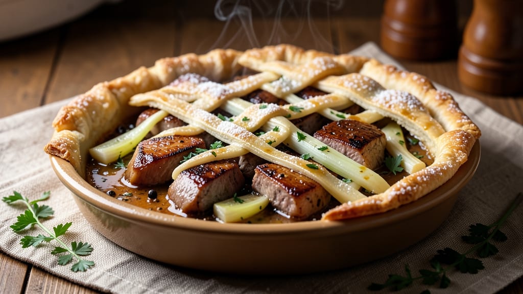 Pork and Leek Pie Recipe: Flaky Pastry Cradles Rich Onion-Infused Filling