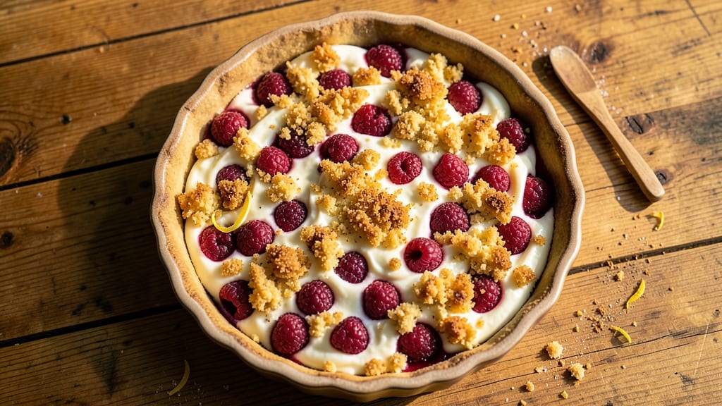 Raspberry Cream Crumble Pie Recipe: Juicy Berries with Vanilla Cream Swirl