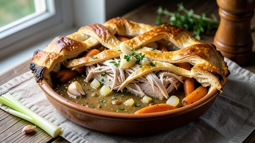 Recipe for Turkey Pot Pie With Phyllo Pastry: Crispy Lattice Crust Over Savory Gravy Bliss